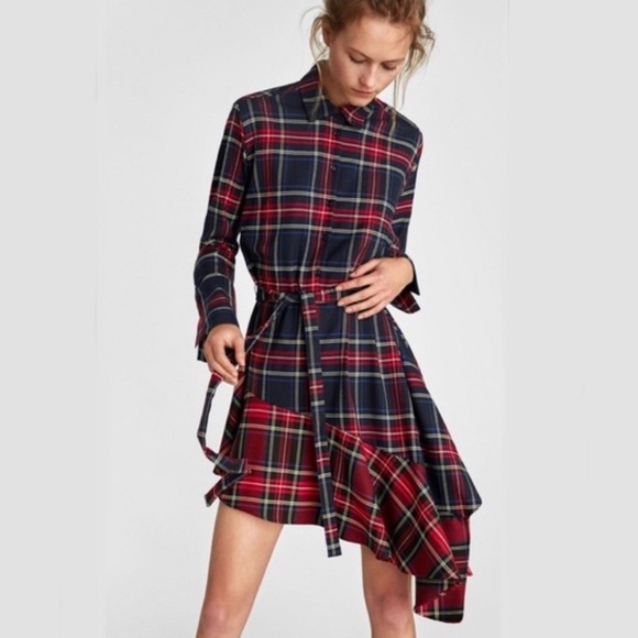 Zara Woman Plaid Checked & Ruffled Asymmetrical Dress Size: S - Picture 1 of 6